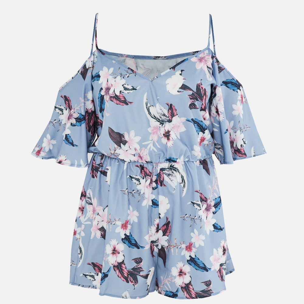 Missguided Plus Size Blue Floral Print Cold Shoulder Romper